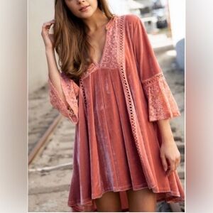NWT POL Vintage inspired Velvet Lace Dusty Pink Boho Babydoll Dress Size Medium